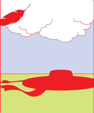 red feather and hat with clouds in the background