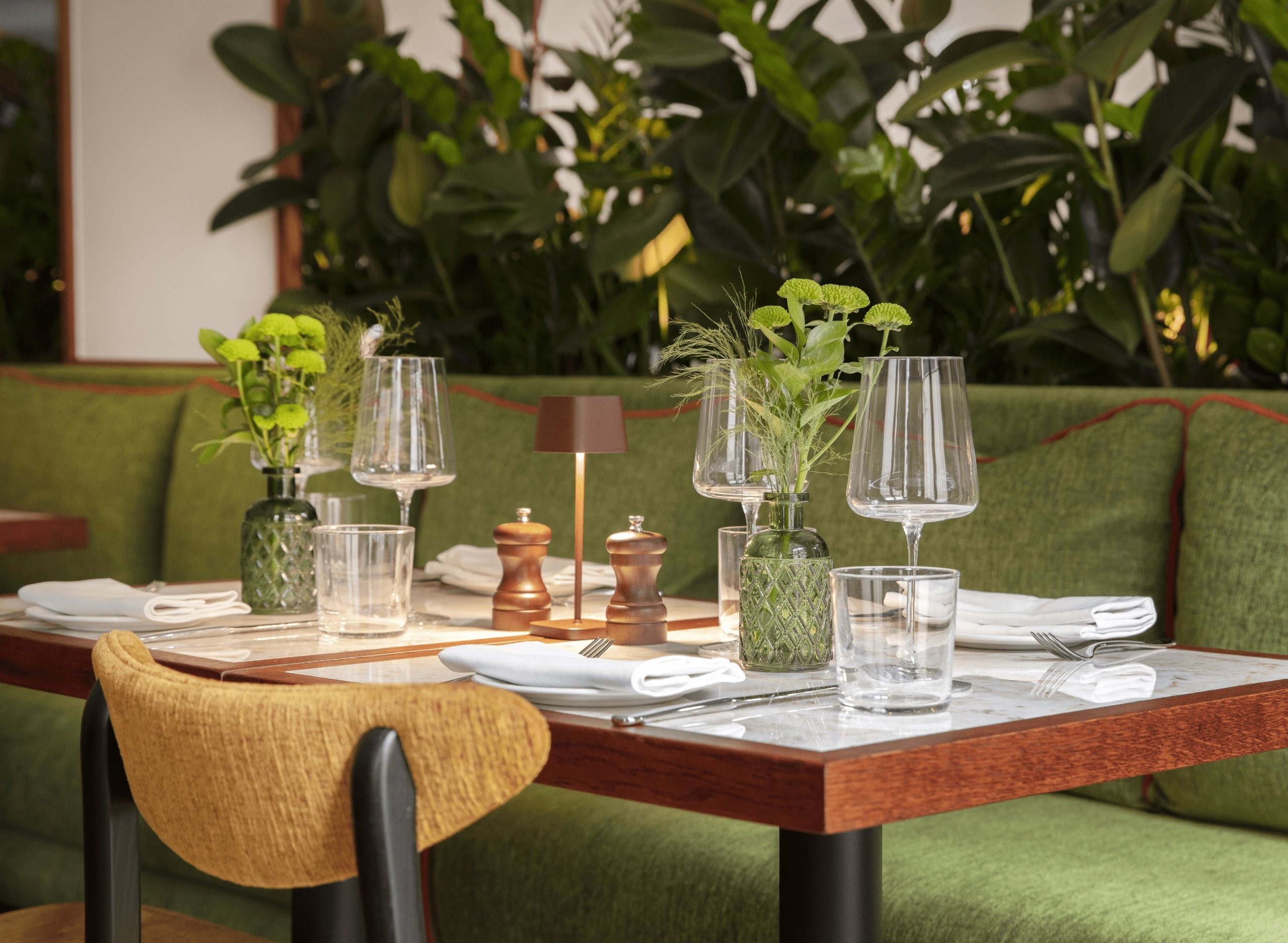 An image of a table and chair in a nice restaurant