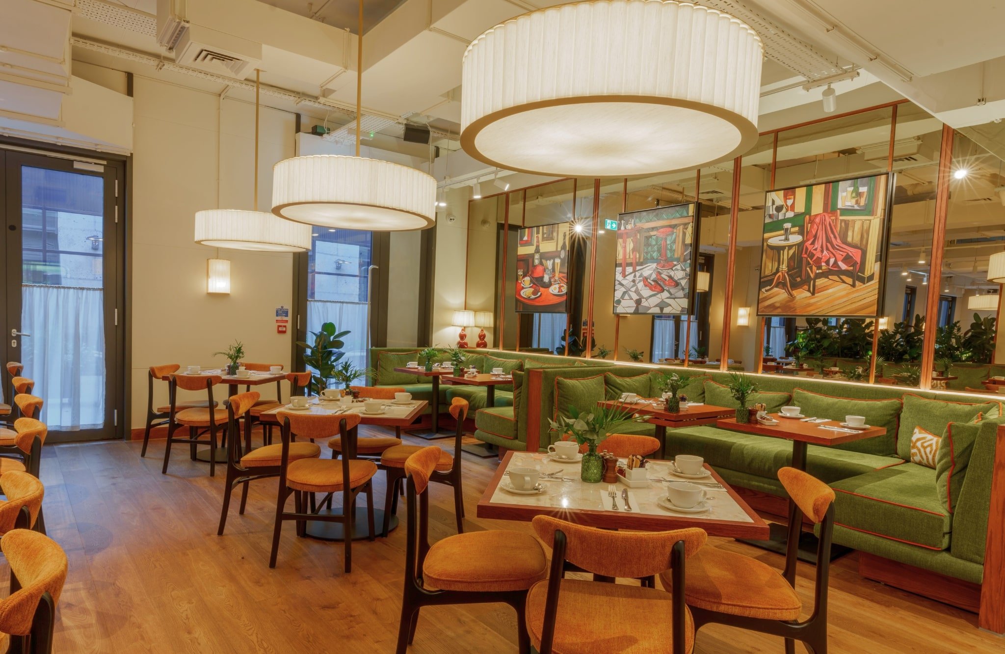 Side view of tables in the cardinal dining room